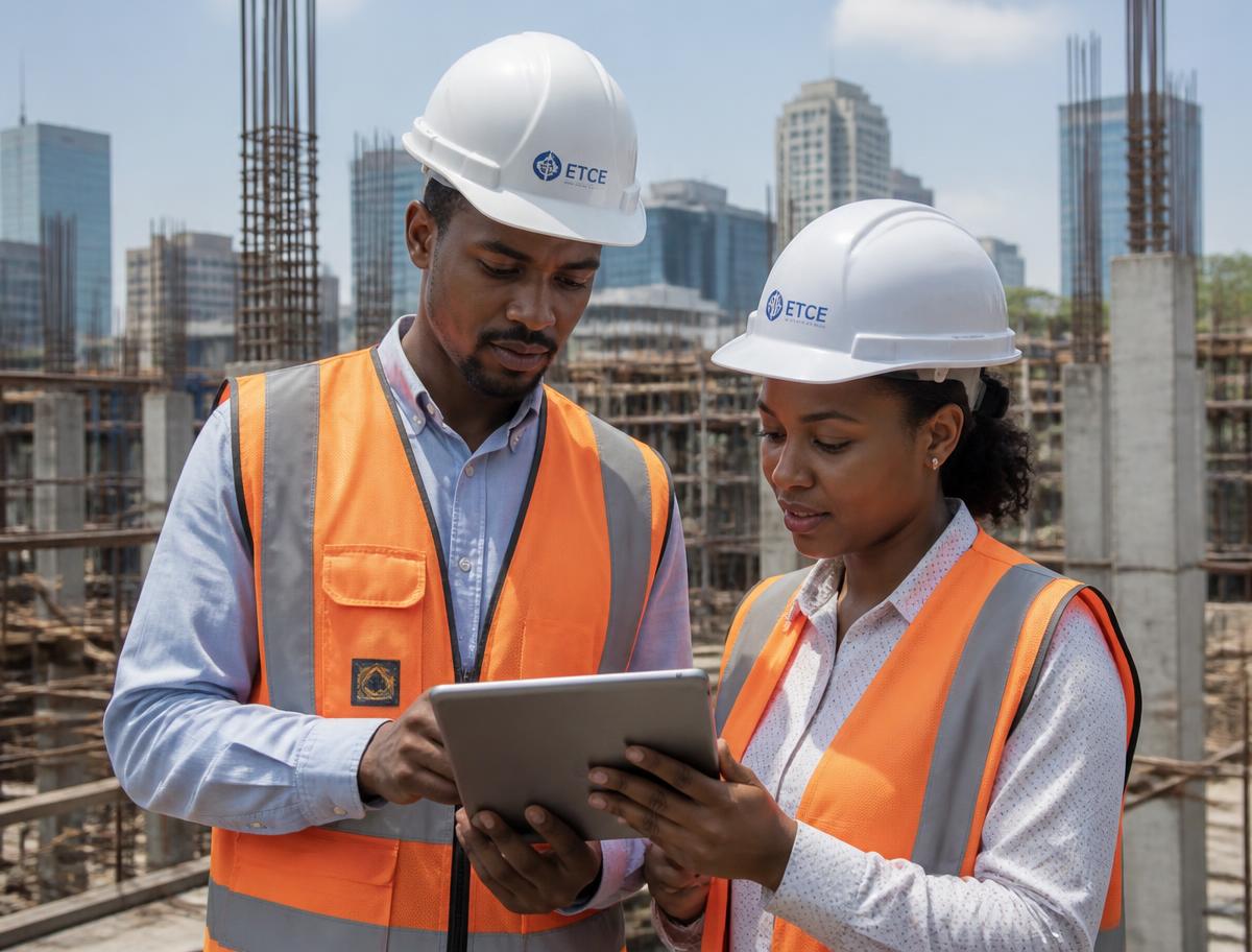 KSM consultants reviewing drawings on a construction site