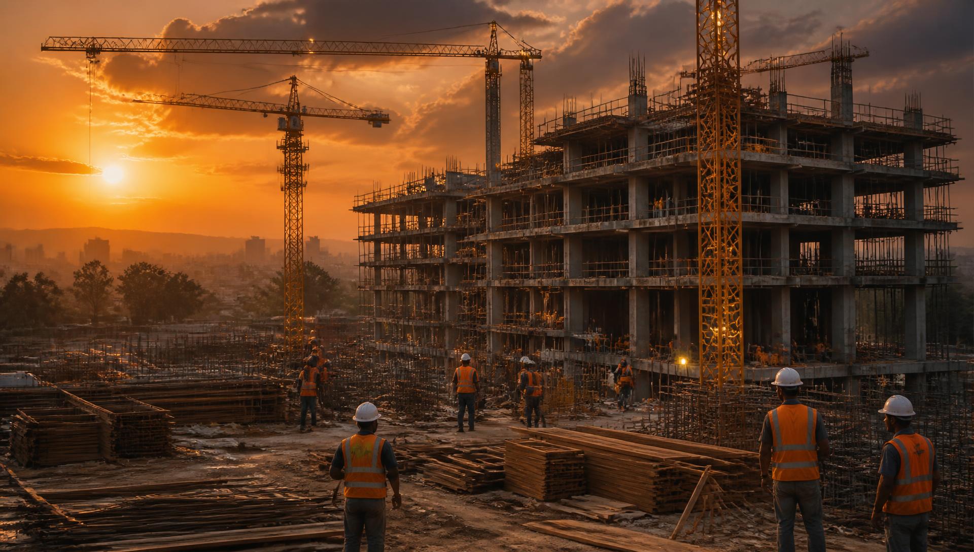 Multi-storey building under construction at sunset in Addis Ababa with tower cranes